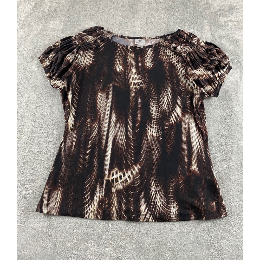 Worthington Stretch Brown Abstract Print Puff‎ Sleeve Blouse Womens Large L Top